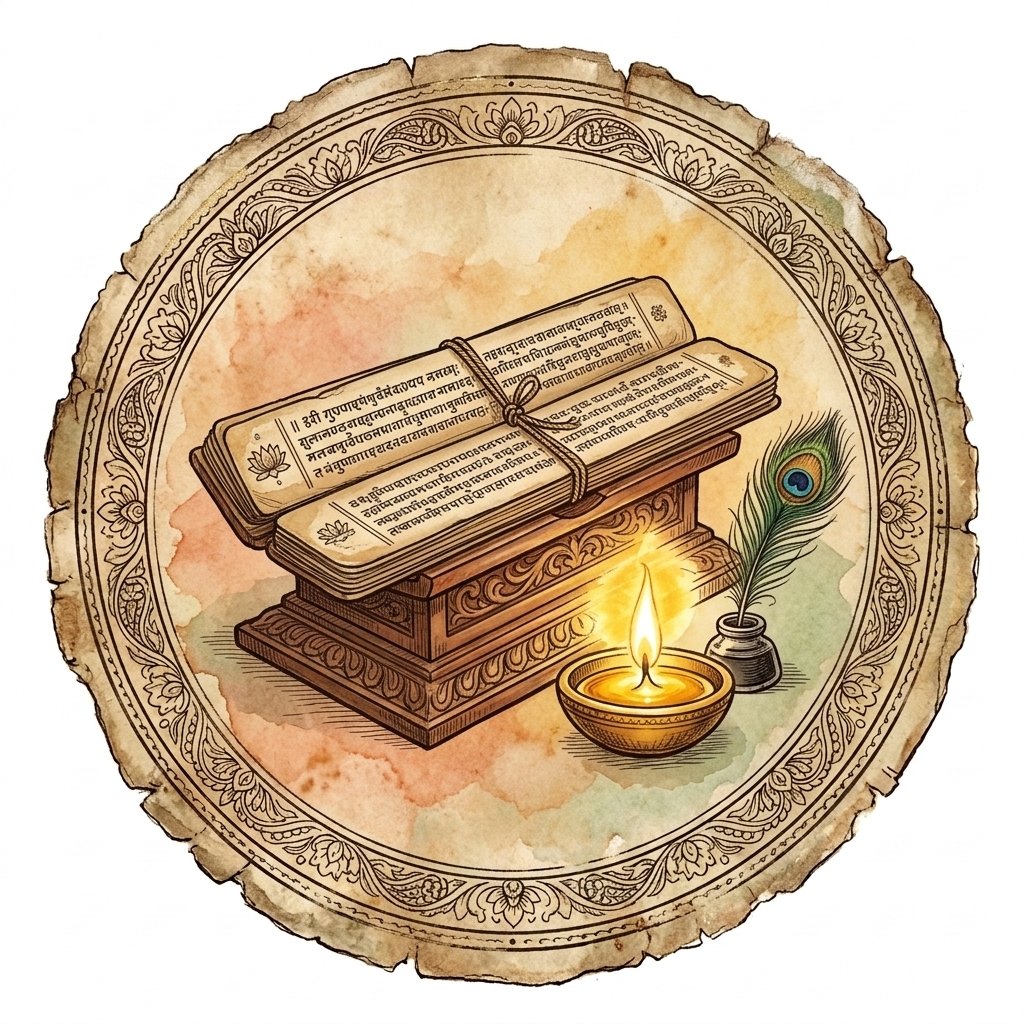 Sacred palm-leaf manuscript and glowing diya representing Meaning First