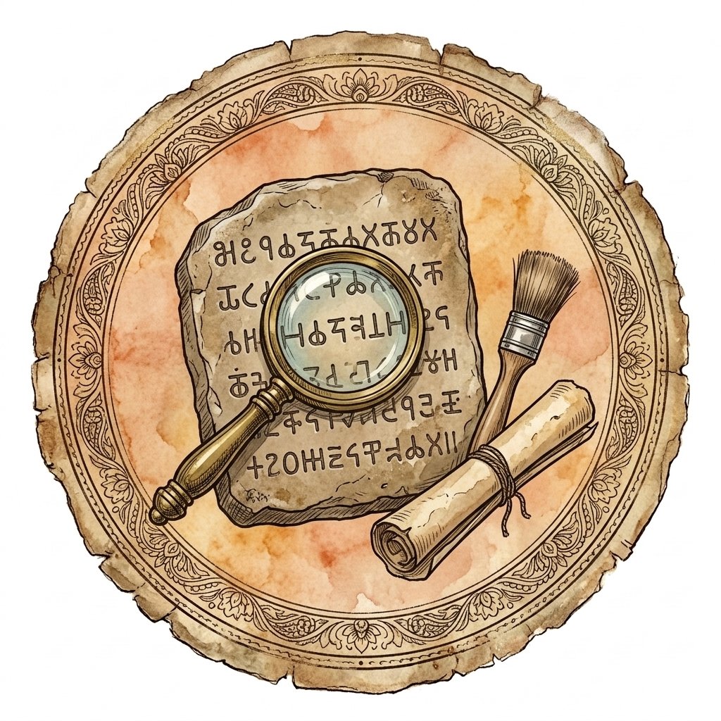 Archaeological stone inscription and magnifying glass representing Research Before Presentation