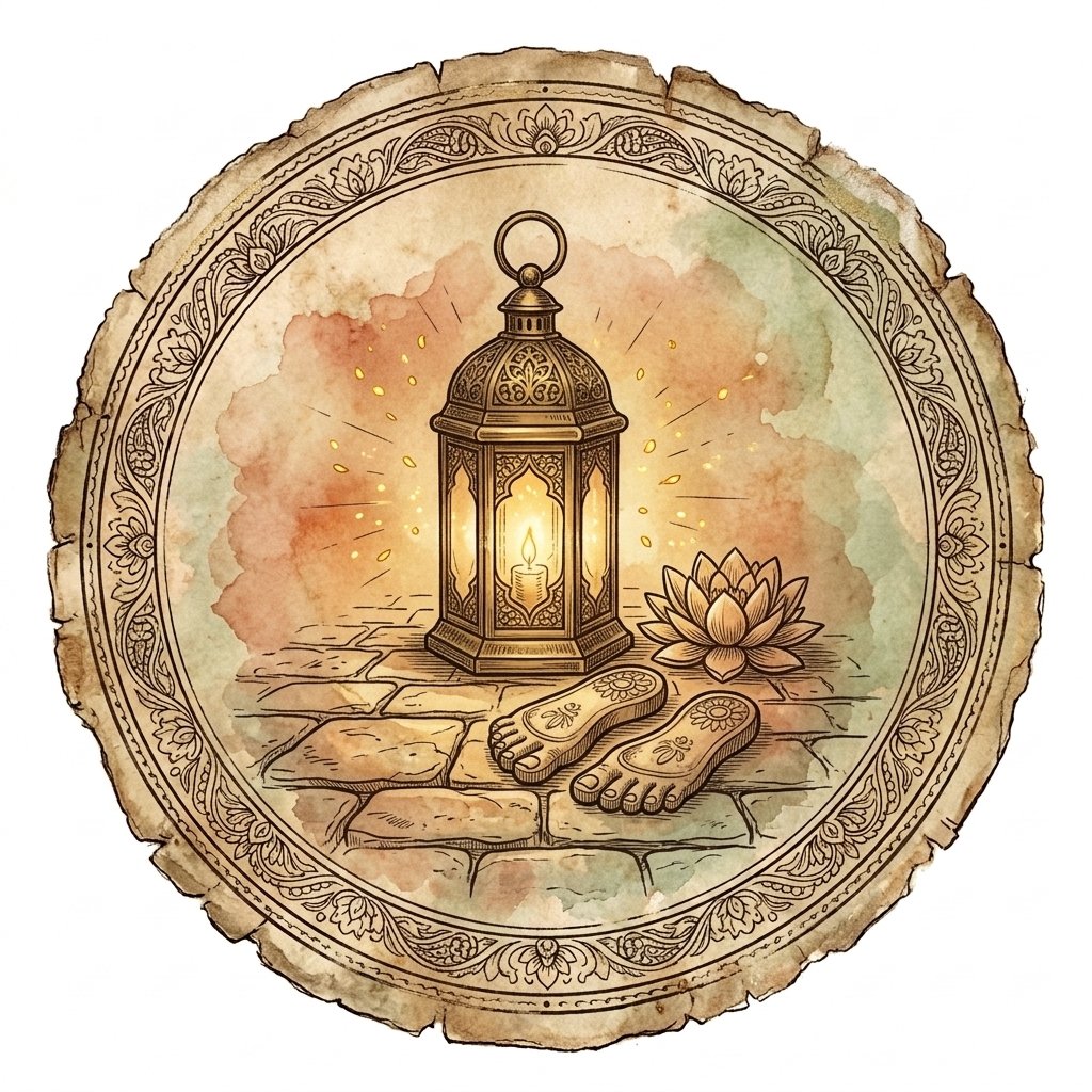 Glowing lantern and sacred footprints representing Journeys That Stay With You
