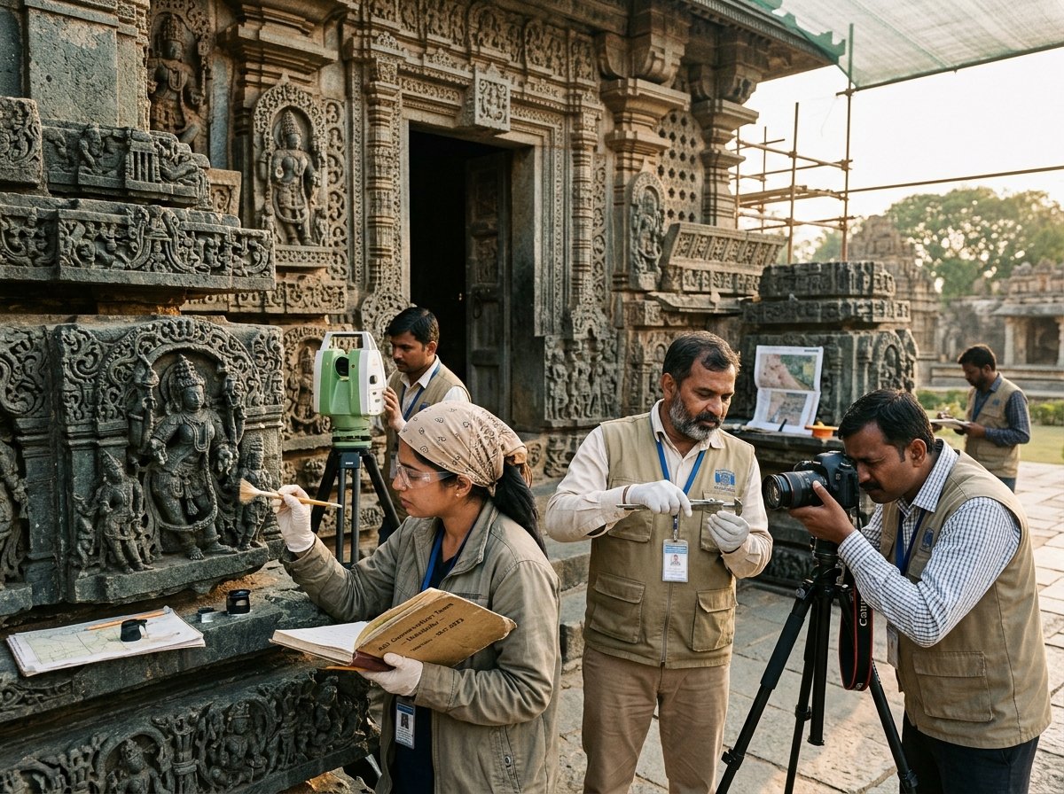 Heritage conservation specialists documenting ancient temple structures on site