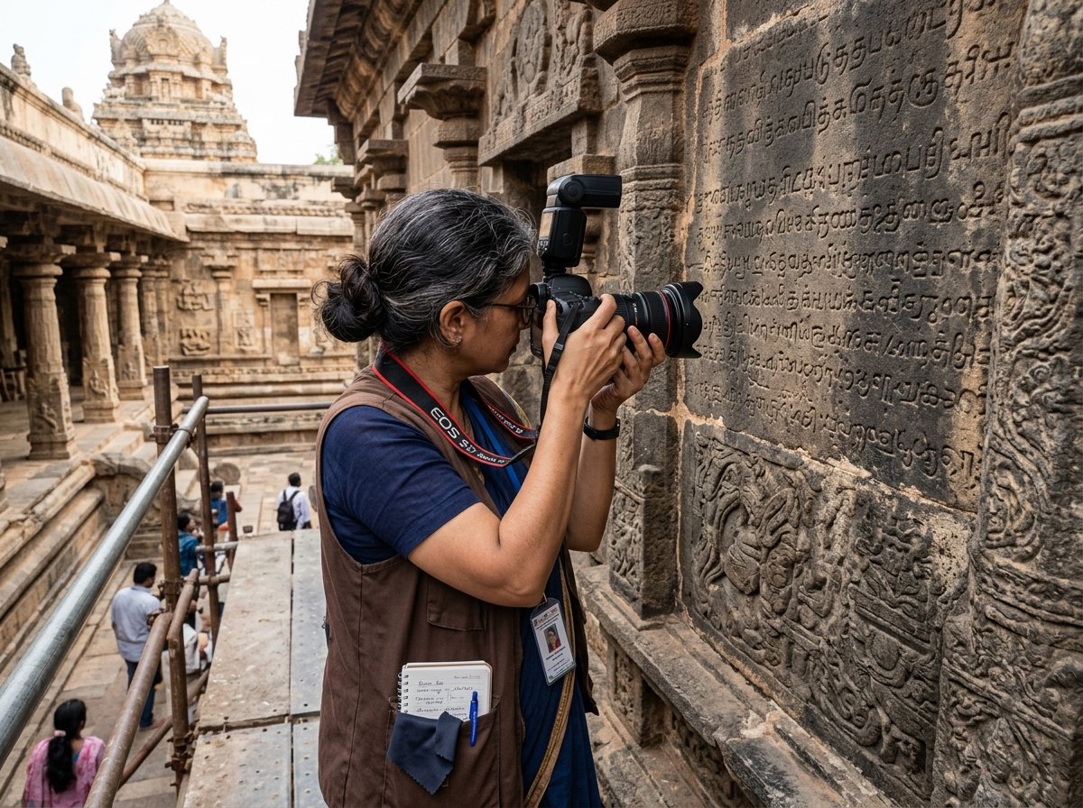 Researcher documenting ancient rock and temple inscriptions with professional camera