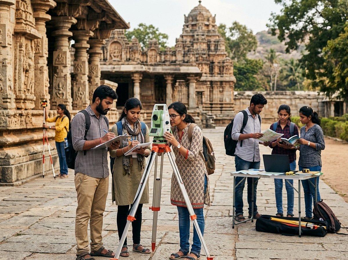 Young students and researchers practicing field surveying and heritage mapping